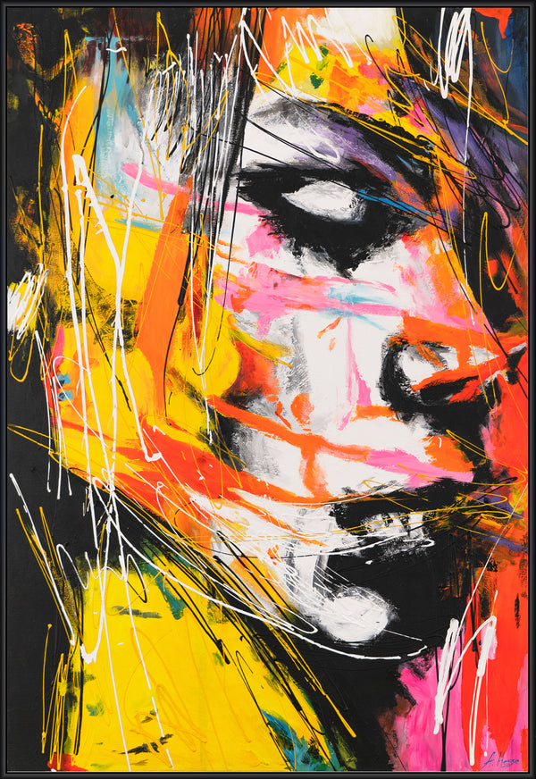 The painting "Flashes of Emotions" is a bright abstract portrait in a vertical format