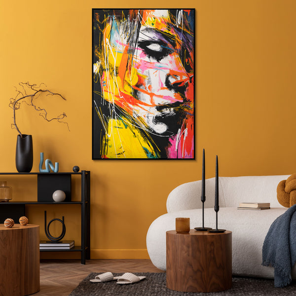 The painting "Flashes of Emotions" is a bright abstract portrait in a vertical format