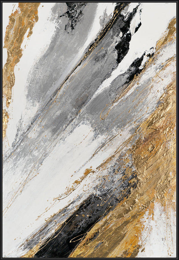 The painting "Energy Edges" is a vertical abstraction with powerful brushstroke dynamics.