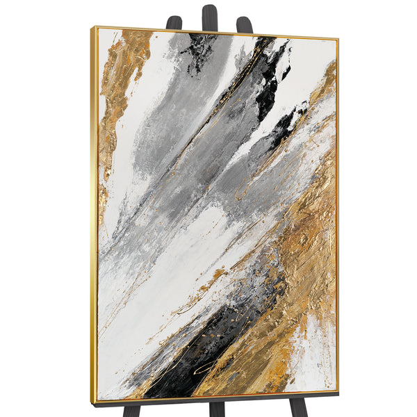The painting "Energy Edges" is a vertical abstraction with powerful brushstroke dynamics.