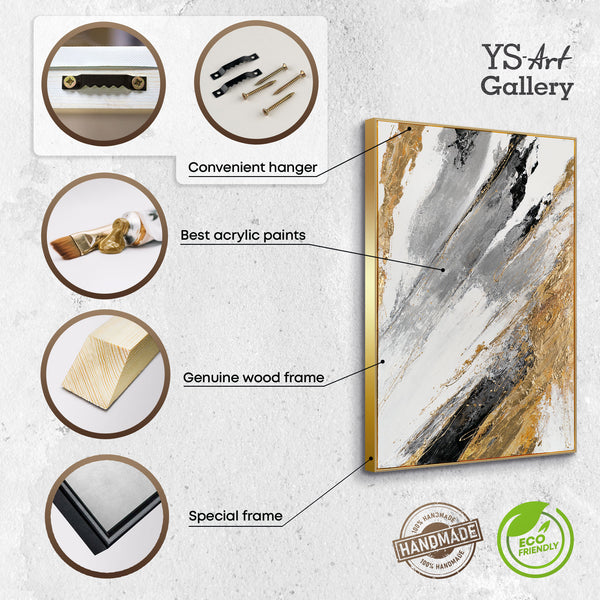 The painting "Energy Edges" is a vertical abstraction with powerful brushstroke dynamics.