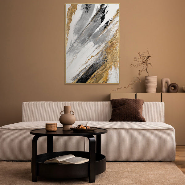 The painting "Energy Edges" is a vertical abstraction with powerful brushstroke dynamics.
