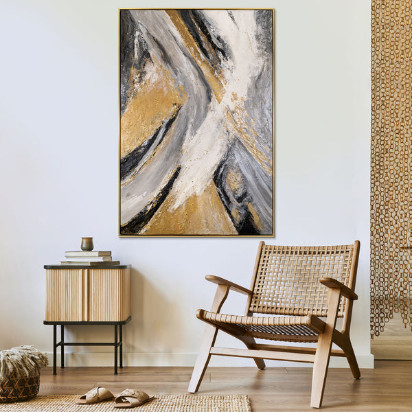 The painting "Element in Motion" is a vertical abstraction with dynamic strokes