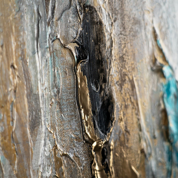 The painting "Layer of a Waterfall" is a vertical abstraction with turquoise and sand streams