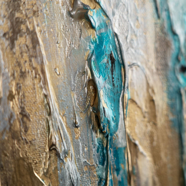The painting "Layer of a Waterfall" is a vertical abstraction with turquoise and sand streams
