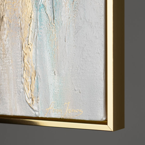 The painting "Layer of a Waterfall" is a vertical abstraction with turquoise and sand streams