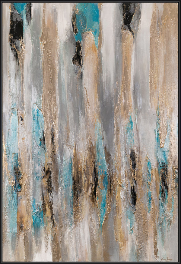 The painting "Layer of a Waterfall" is a vertical abstraction with turquoise and sand streams