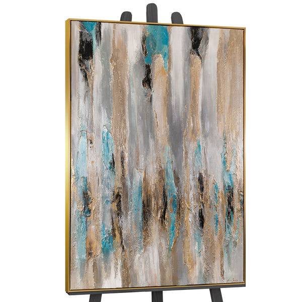 The painting "Layer of a Waterfall" is a vertical abstraction with turquoise and sand streams