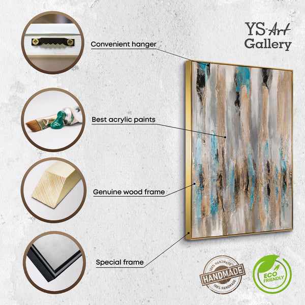 The painting "Layer of a Waterfall" is a vertical abstraction with turquoise and sand streams