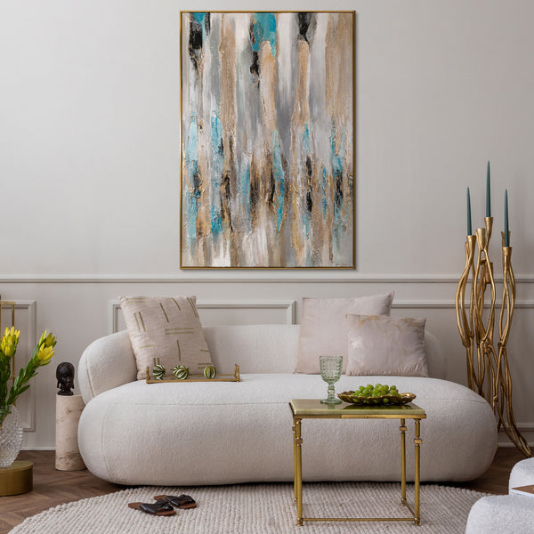 The painting "Layer of a Waterfall" is a vertical abstraction with turquoise and sand streams