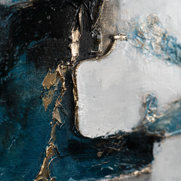 The painting "Element" is a vertical abstraction with turquoise hues