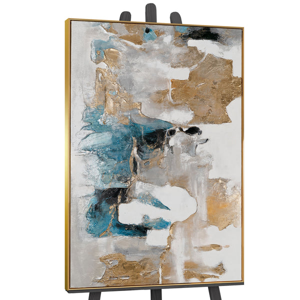 The painting "Element" is a vertical abstraction with turquoise hues
