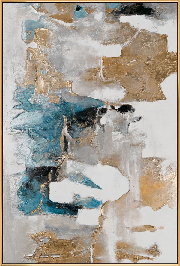 The painting "Element" is a vertical abstraction with turquoise hues