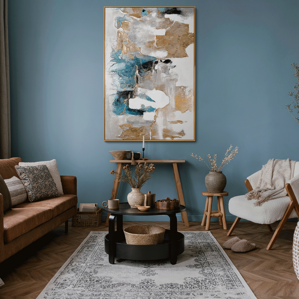 The painting "Element" is a vertical abstraction with turquoise hues