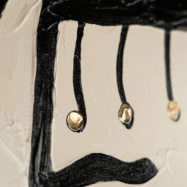 The painting "Abstract Face" is a graphic composition with red and ochre accents