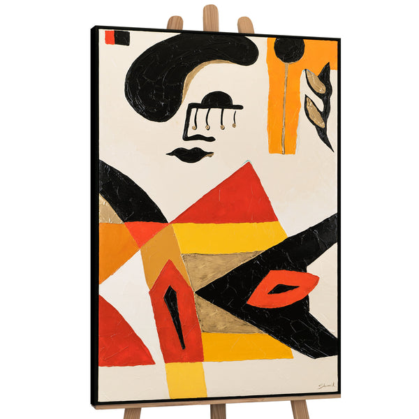 The painting "Abstract Face" is a graphic composition with red and ochre accents