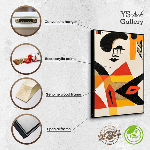 The painting "Abstract Face" is a graphic composition with red and ochre accents