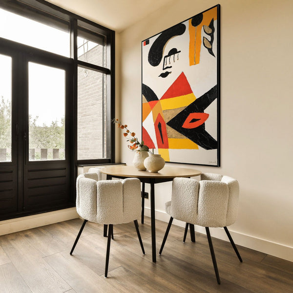 The painting "Abstract Face" is a graphic composition with red and ochre accents