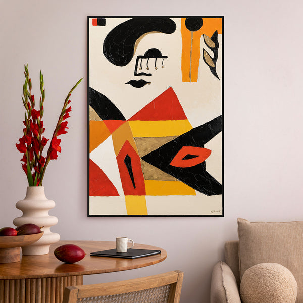 The painting "Abstract Face" is a graphic composition with red and ochre accents