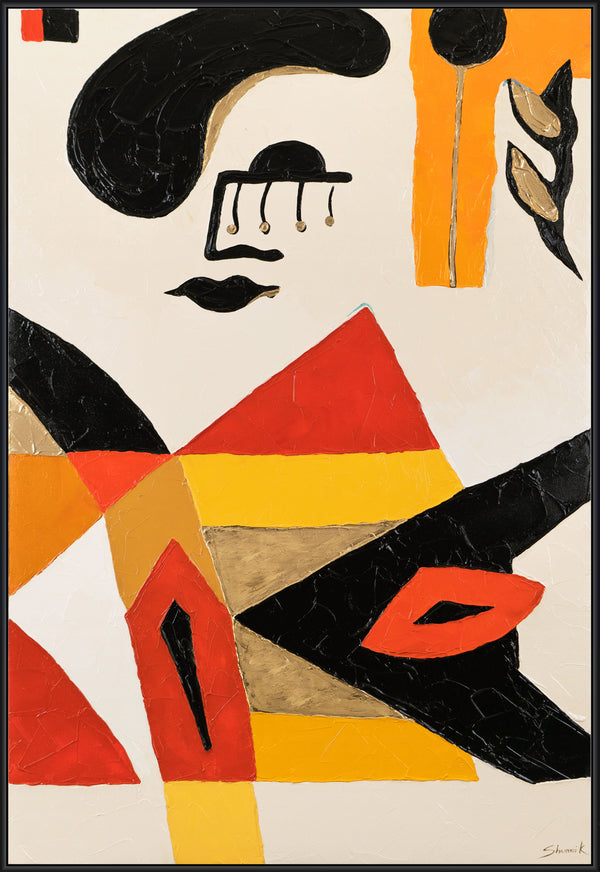 The painting "Abstract Face" is a graphic composition with red and ochre accents