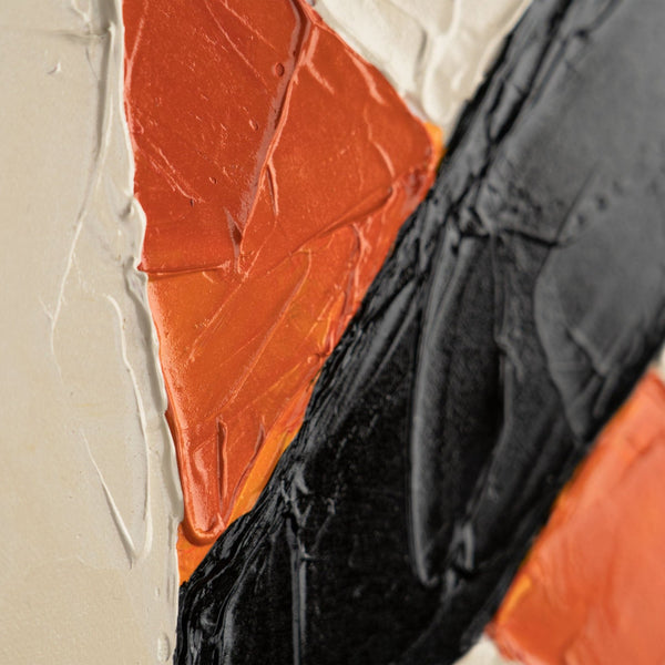 The painting "Architecture of Movement" is a bright geometric abstraction in red and black tones.