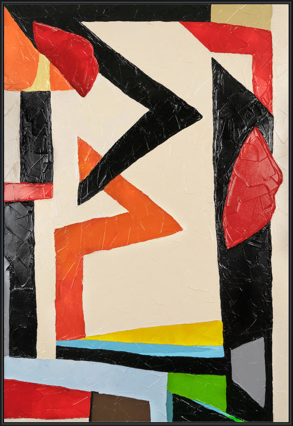 The painting "Architecture of Movement" is a bright geometric abstraction in red and black tones.