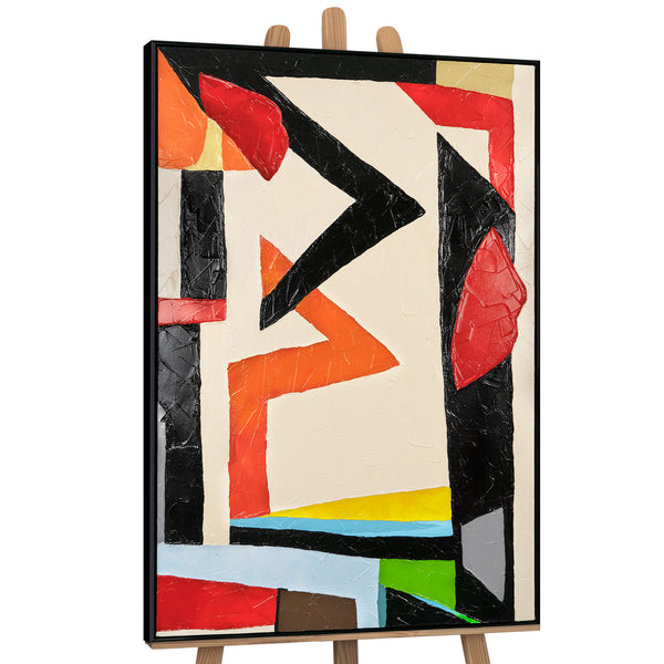 The painting "Architecture of Movement" is a bright geometric abstraction in red and black tones.