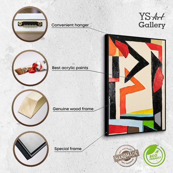 The painting "Architecture of Movement" is a bright geometric abstraction in red and black tones.