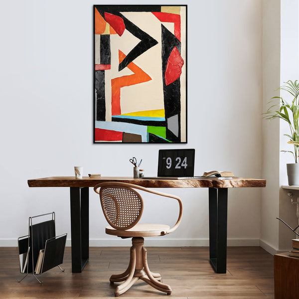 The painting "Architecture of Movement" is a bright geometric abstraction in red and black tones.