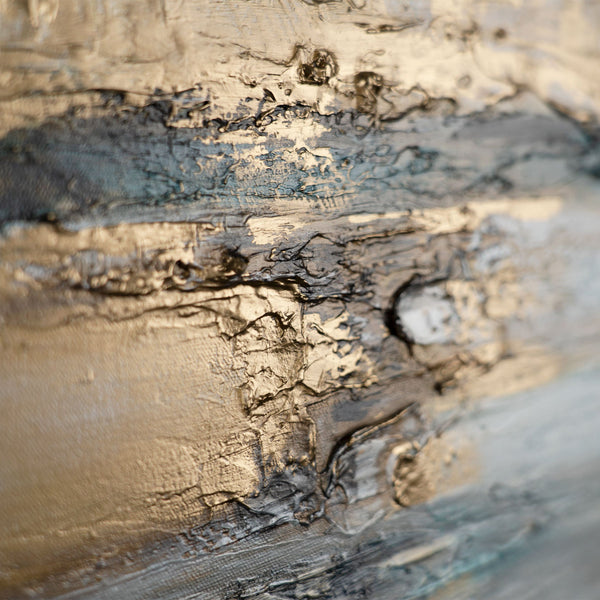 The painting "Golden Sound" is an abstraction in turquoise and gold tones.