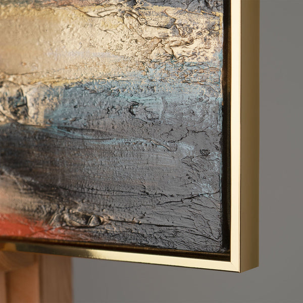 The painting "Golden Sound" is an abstraction in turquoise and gold tones.