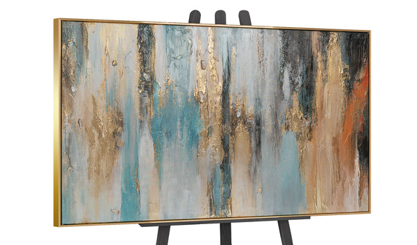 The painting "Golden Sound" is an abstraction in turquoise and gold tones.