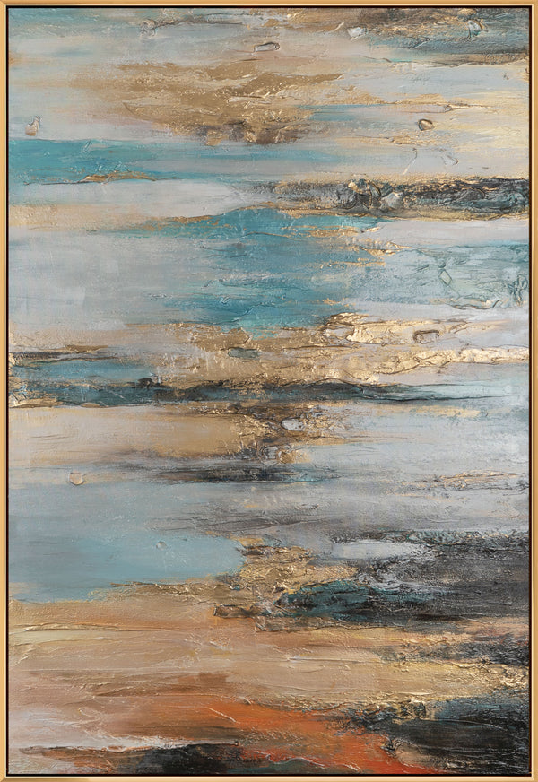 The painting "Golden Sound" is an abstraction in turquoise and gold tones.