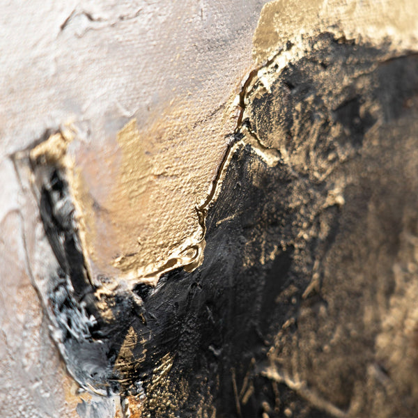 The painting "Traces of the Volcano" is a vertical abstraction in a copper-gray palette