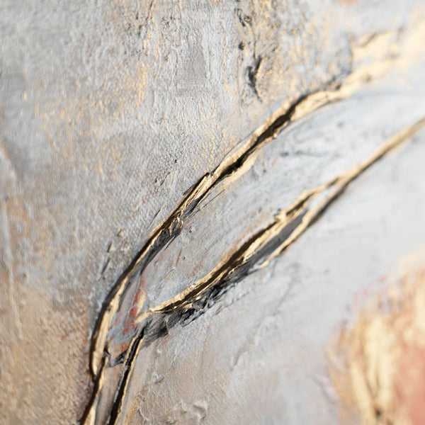 The painting "Traces of the Volcano" is a vertical abstraction in a copper-gray palette
