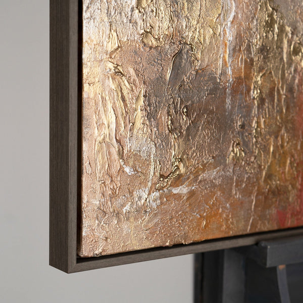 The painting "Traces of the Volcano" is a vertical abstraction in a copper-gray palette