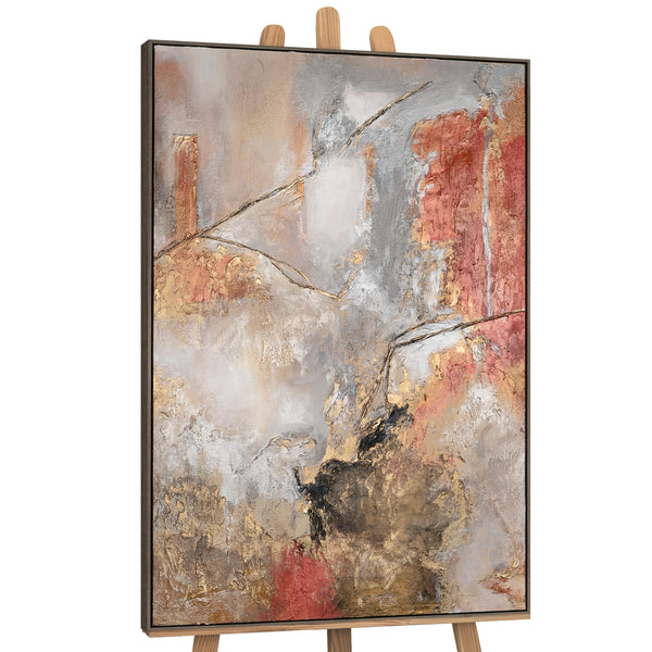 The painting "Traces of the Volcano" is a vertical abstraction in a copper-gray palette
