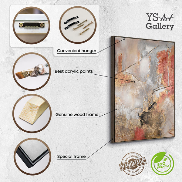 The painting "Traces of the Volcano" is a vertical abstraction in a copper-gray palette