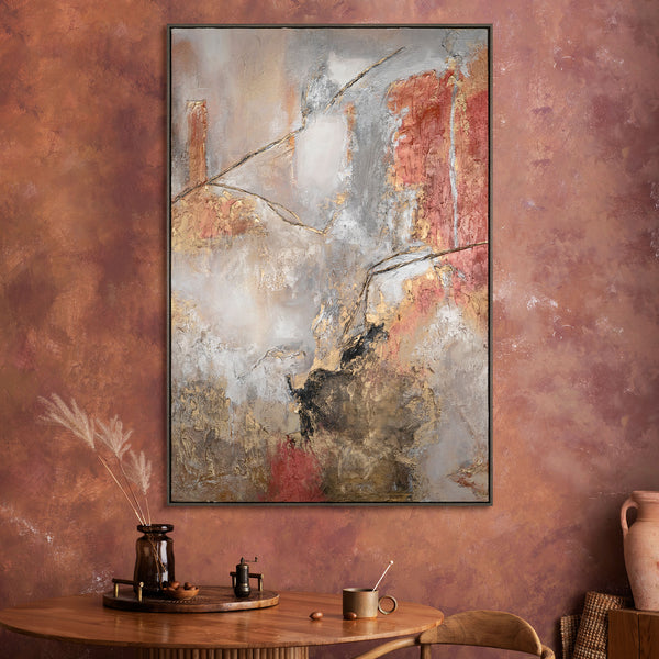 The painting "Traces of the Volcano" is a vertical abstraction in a copper-gray palette