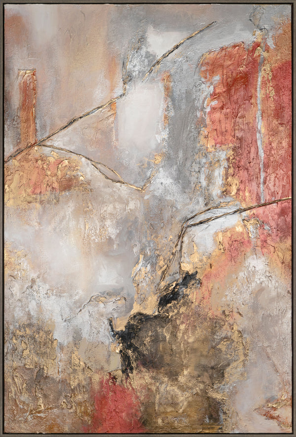 The painting "Traces of the Volcano" is a vertical abstraction in a copper-gray palette