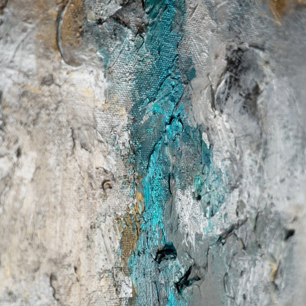 The painting "Sea Symphony" is a vertical abstraction with turquoise and sand accents