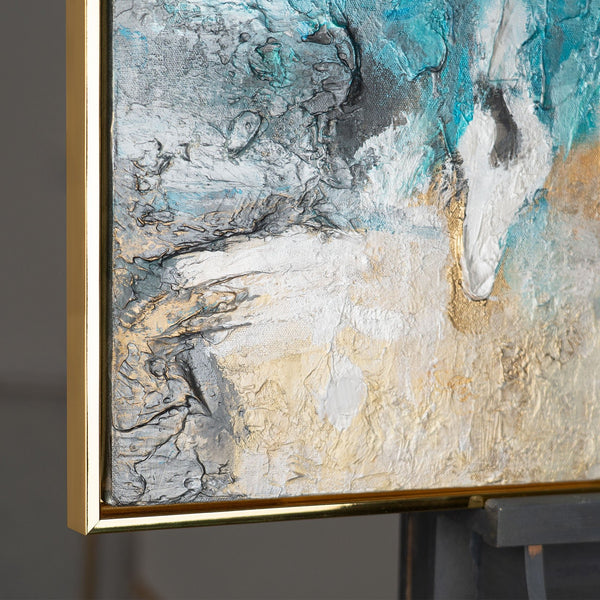 The painting "Sea Symphony" is a vertical abstraction with turquoise and sand accents