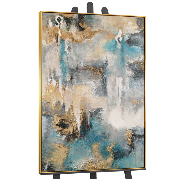 The painting "Sea Symphony" is a vertical abstraction with turquoise and sand accents