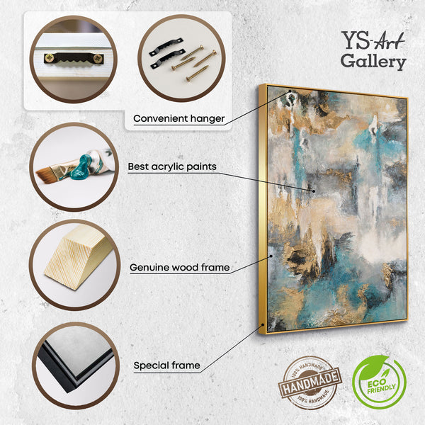 The painting "Sea Symphony" is a vertical abstraction with turquoise and sand accents