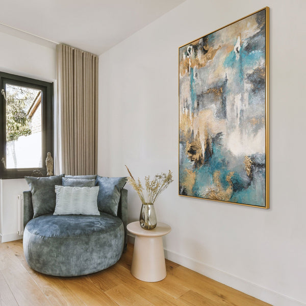 The painting "Sea Symphony" is a vertical abstraction with turquoise and sand accents