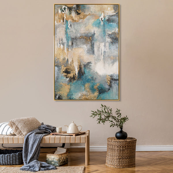 The painting "Sea Symphony" is a vertical abstraction with turquoise and sand accents