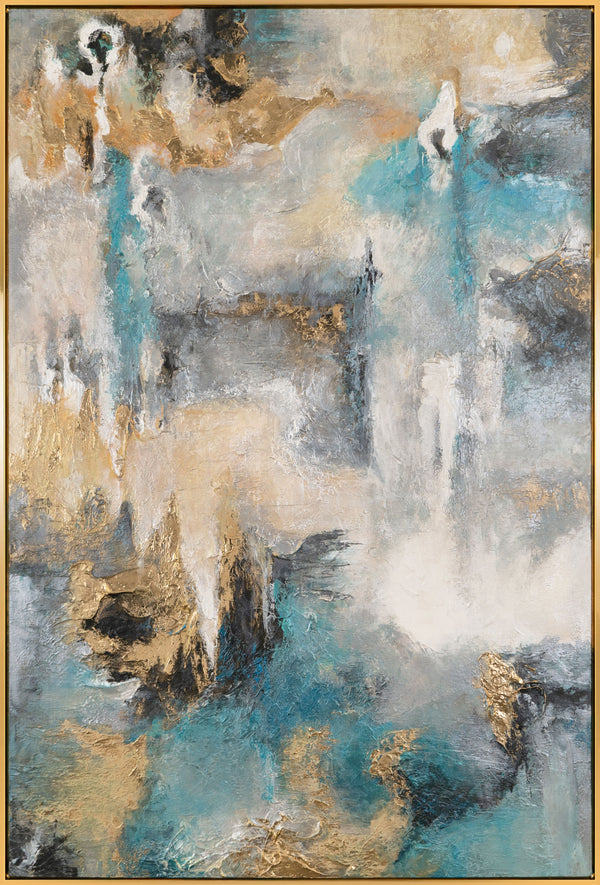 The painting "Sea Symphony" is a vertical abstraction with turquoise and sand accents