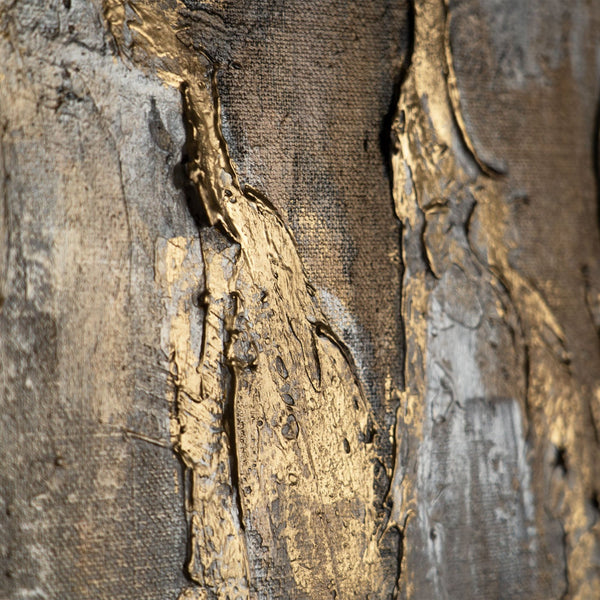 The painting "Golden Silence" is a vertical abstraction with deep neutral tones