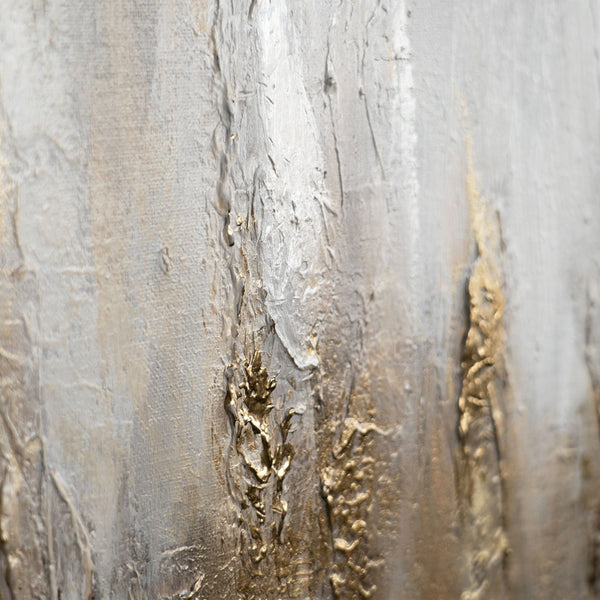 The painting "Golden Silence" is a vertical abstraction with deep neutral tones