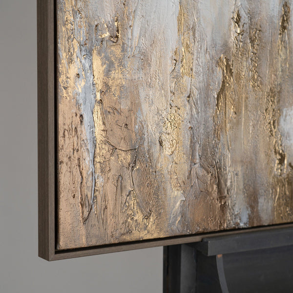 The painting "Golden Silence" is a vertical abstraction with deep neutral tones
